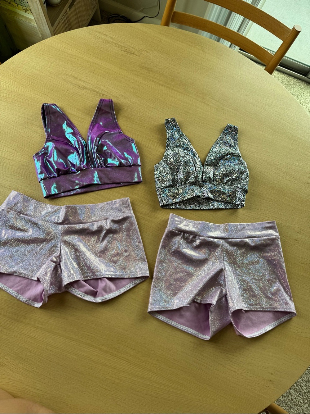 NWOT bundle Iridescent Purple and silver Dance Tops & Lilac Shimmer Shorts